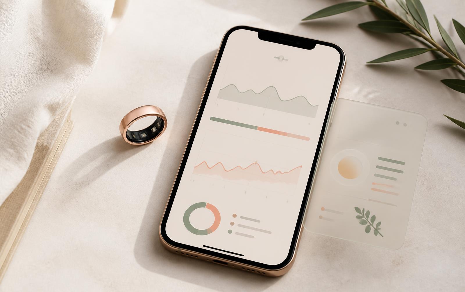 Dot Ring beside a phone showing overnight wellness trends